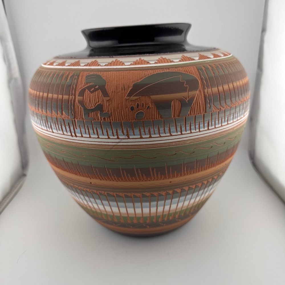 Laura Bahe Navajo Pottery Vase Large Multi Kokopelli Bear Excellent Etched Art‎